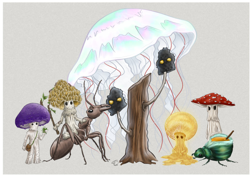 Illustrationen verschiedener Sporlinge (Pilzwesen) aus der Buchreihe "die Myzelchroniken"
