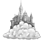 Ein märchenhaftes Schloss in schwarz weiß auf einer Wolke, illustriert von der Künstlerin Wanderkraehe Webseite www.wanderkraehe.de