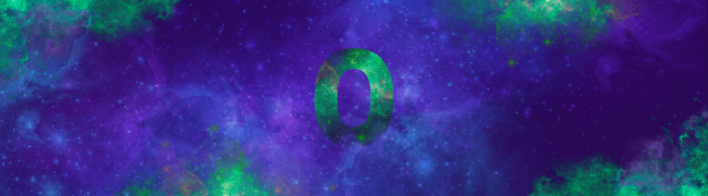 Fahl grün schimmerndes O in violetter Sternenlandschaft