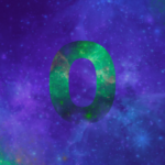 Fahl grün schimmerndes O in violetter Sternenlandschaft