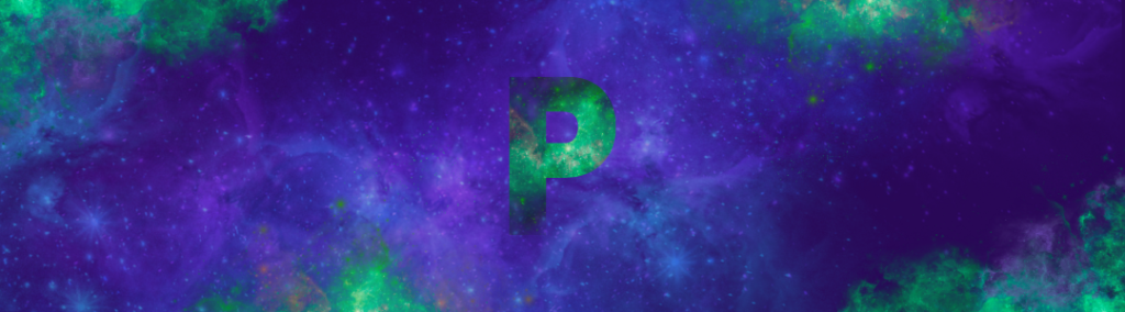 Fahl grün schimmerndes P in violetter Sternenlandschaft