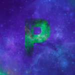 Fahl grün schimmerndes P in violetter Sternenlandschaft