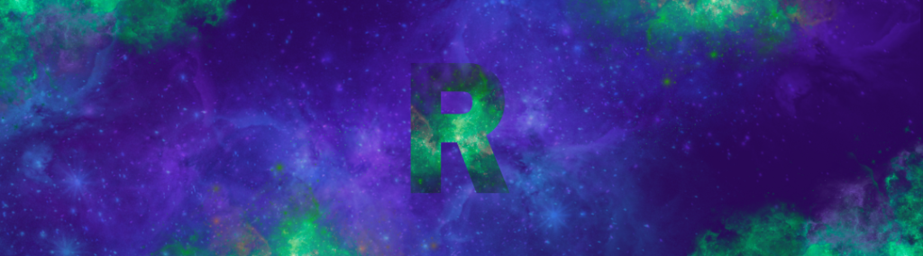 Fahl grün schimmerndes R in violetter Sternenlandschaft