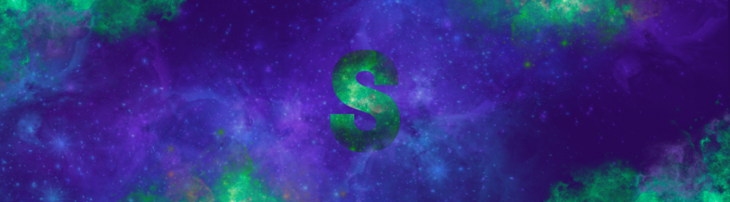 Fahl grün schimmerndes S in violetter Sternenlandschaft