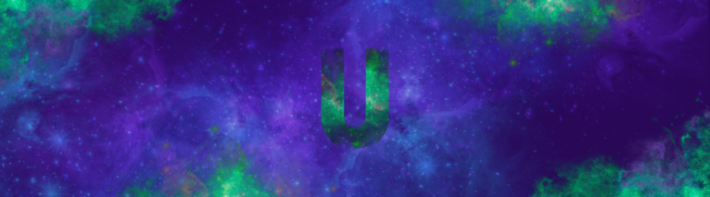 Fahl grün schimmerndes U in violetter Sternenlandschaft
