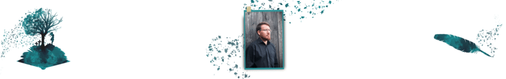 Bild von Andreas Röger auf einer Karteikarte auf weißen Hintergrund mit türkiesen Blättern