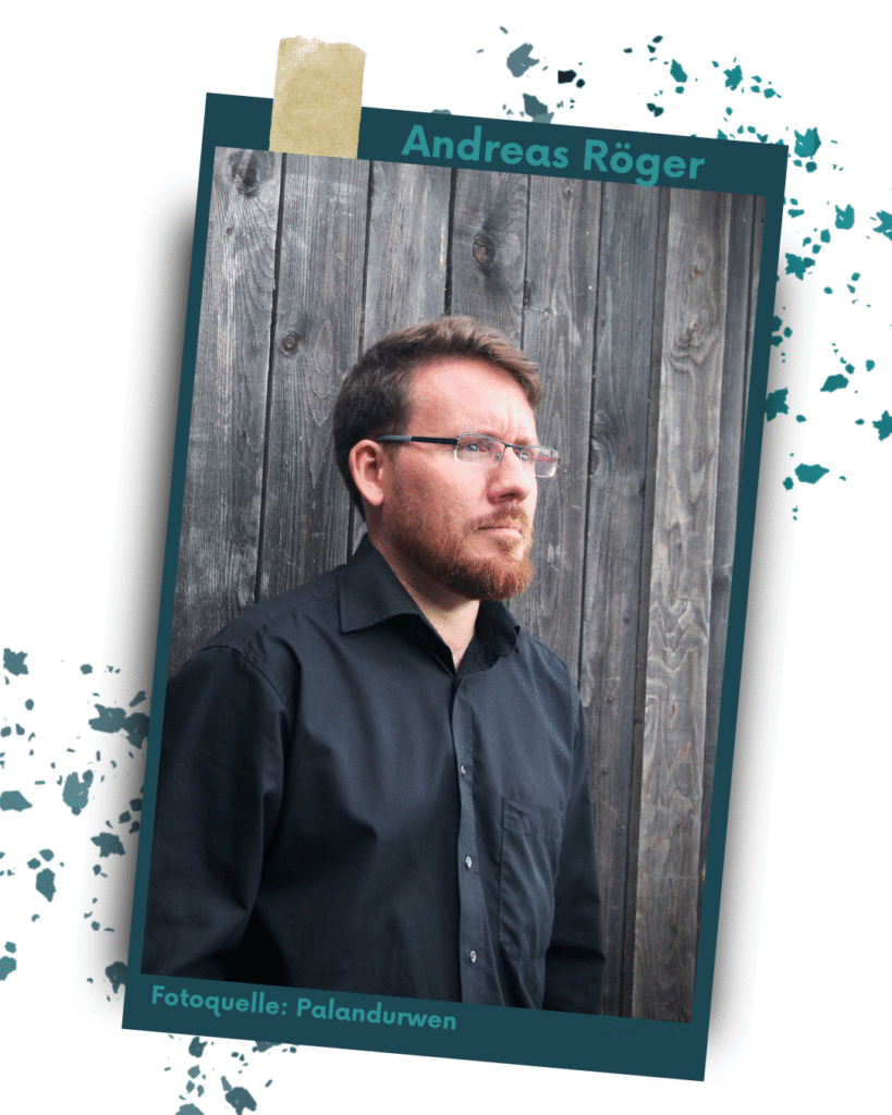 Bild von Andreas Röger auf einer Karteikarte auf weißen Hintergrund mit türkiesen Blättern