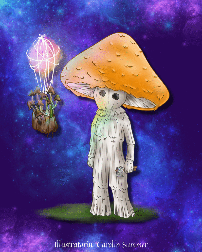 Illustration eines Pilzwesens mit orangener Kappe und humanoidem Körper, der in einer Hand eine kleine Axt hält, daneben eine schwebende Ansammlung vieler kleiner Pilze, die an eine Lichtkugel geknüpft sind, alles vor einem Galaxyhintergrund