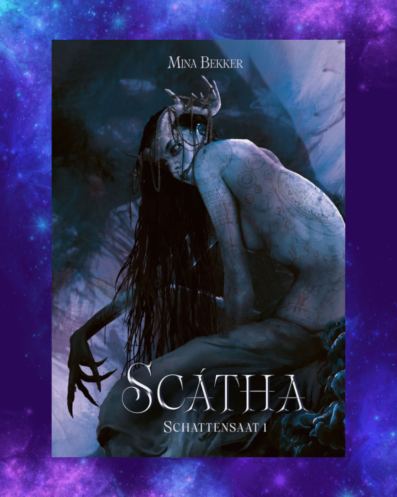 Cover des Romans "Scátha" vor einem lila Galaxy-Hintergrund
