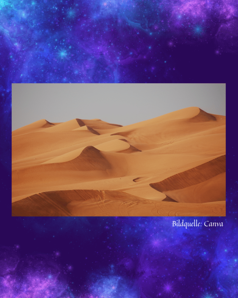 Ein Bild einer Sandwüste vor einem lila Galaxyhintergrund