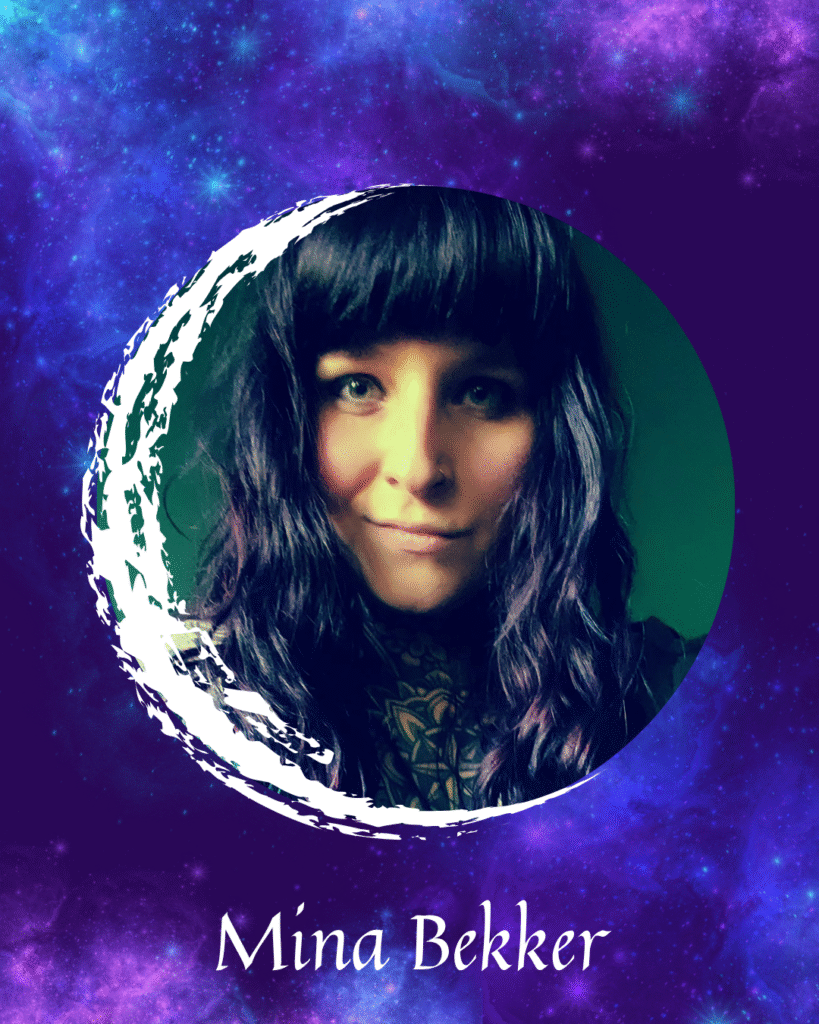 Portrait der Autorin Mina Bekker, zugeschnitten wie ein stilisierter Mond, vor einem lila Galaxy-Hintergrund 