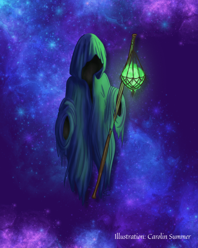 Illustration einer mystischen schwebenden Gestalt in einem grünen Umhang mit einer grün leuchtenden Laterne in der Hand, vor einem lila Galaxyhintergrund