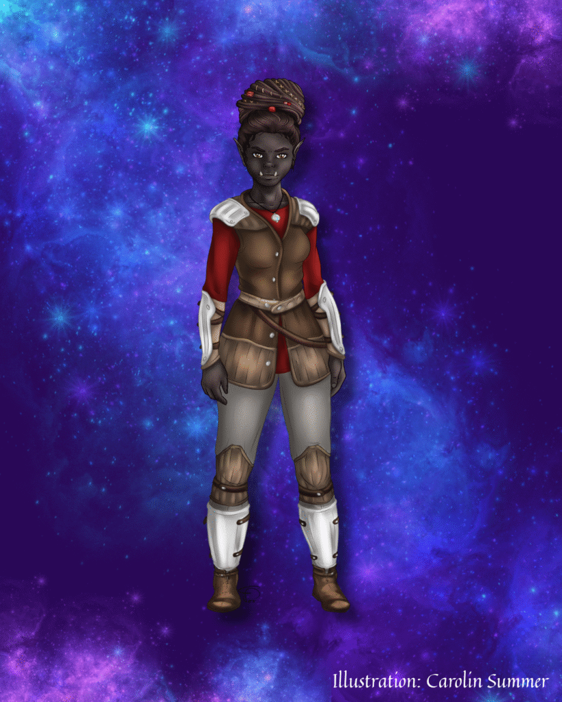 Illustration einer weiblichen Ork mit dunkler Haut und lederner Rüstung, vor einem lila Galaxyhintergrund