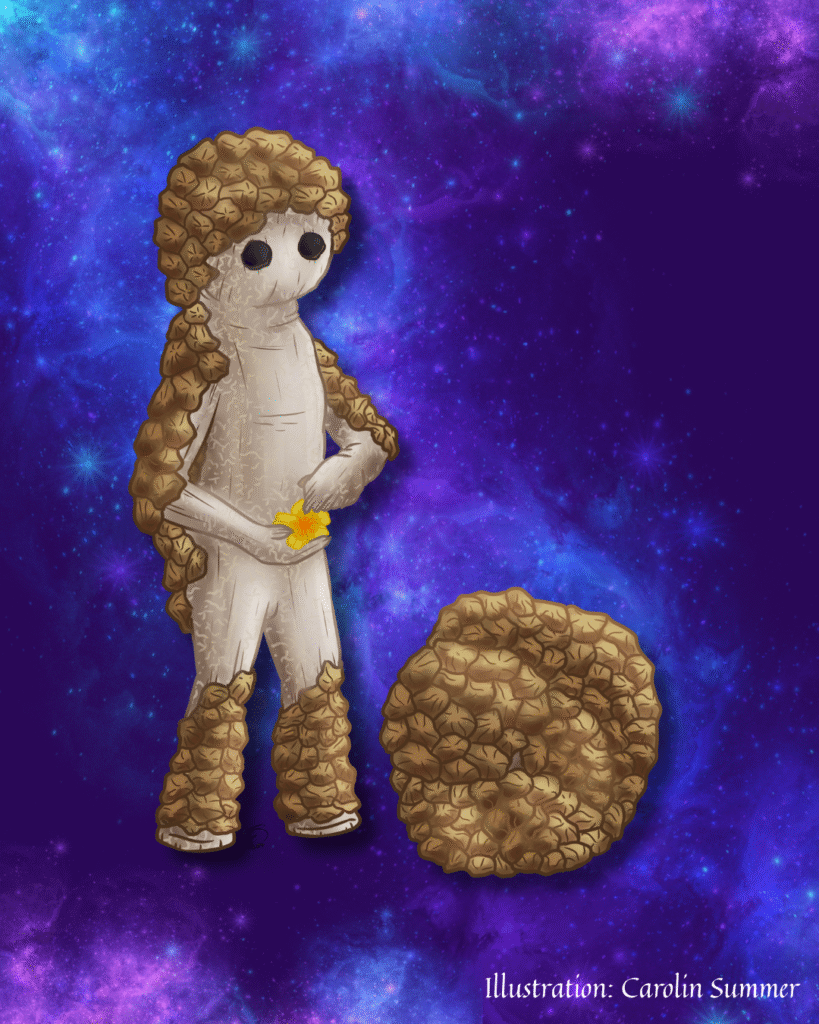 Illustration eines Pilzwesens, ähnlich einem braunen Trüffel, vor einem lila Galaxyhintergrund