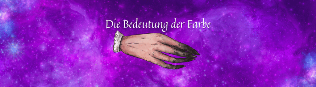 Überschrift "Die Bedeutung der Farbe" über einer Illustration einer Hand mit schwarz eingefärbten Fingern, vor einem lila Galaxyhintergrund