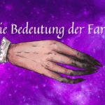 Überschrift "Die Bedeutung der Farbe" über einer Illustration einer Hand mit schwarz eingefärbten Fingern, vor einem lila Galaxyhintergrund
