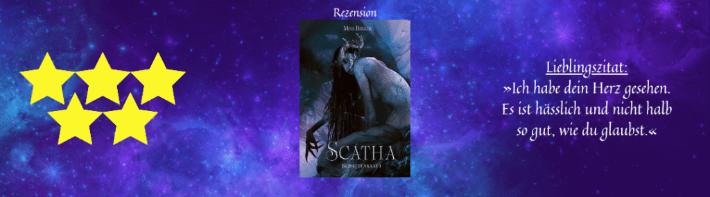 5 goldene Sterne neben dem Cover des Romans "Scátha" von Mina Bekker, daneben ein Zitat, Hintergrund lila Galaxy