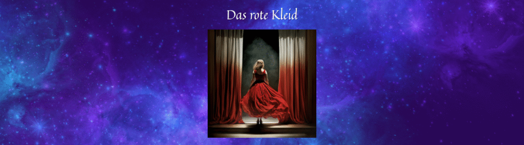 Überschrift "Das rote Kleid" über einem Foto einer Tänzerin in einem roten Kleid, umrahmt von sich rötlich färbenden Vorhängen; dahinter ein lila Galaxyhintergrund