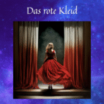 Überschrift "Das rote Kleid" über einem Foto einer Tänzerin in einem roten Kleid, umrahmt von sich rötlich färbenden Vorhängen; dahinter ein lila Galaxyhintergrund