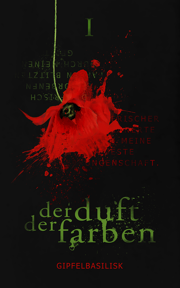 Bild einer Mohnblume auf schwarzem Hintergrund. In der Mitte der Blume ist ein grüner Totenschädel.