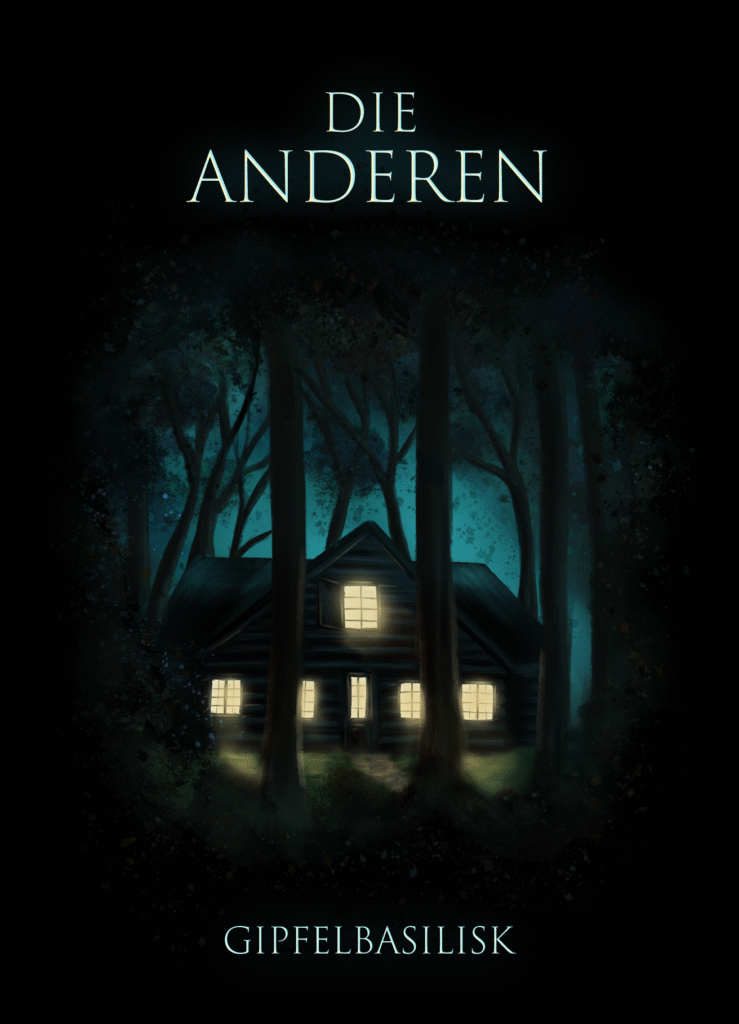 Bild eines Hauses in einem dunklen Wald. Es leuchtet warm aus diesem heraus.