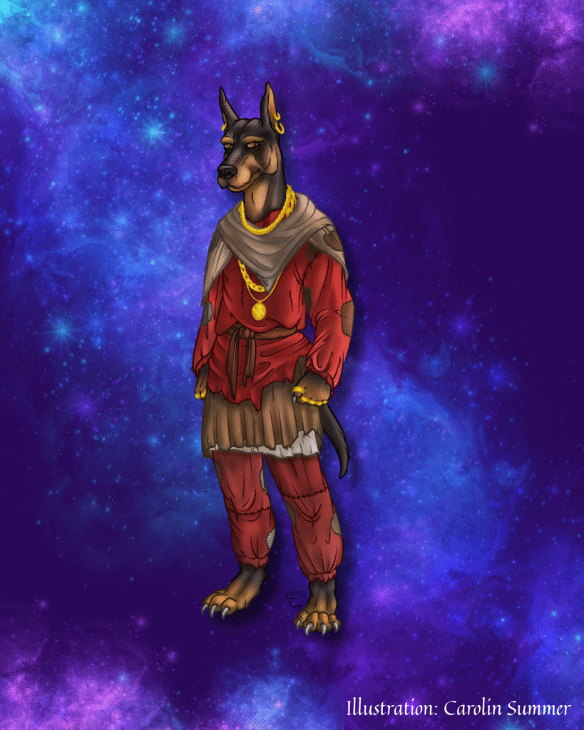 Illustration eines aufrecht stehenden Hunde-Tierwesens in abgenutzter, geflickter Kleidung vor einem lila Galaxyhintergrund