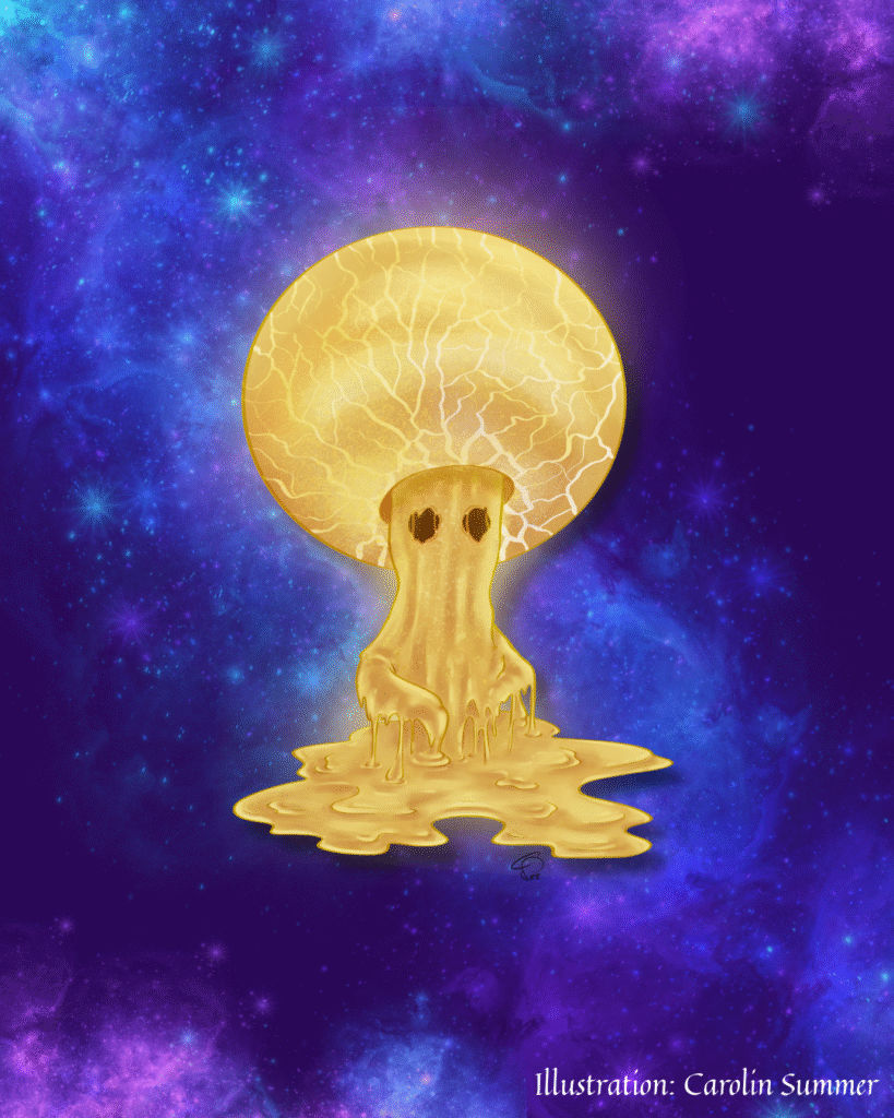 Illustration eines gelben, leuchtenden Pilzwesens, der zu zerfließen scheint, vor einem lila Galaxyhintergrund