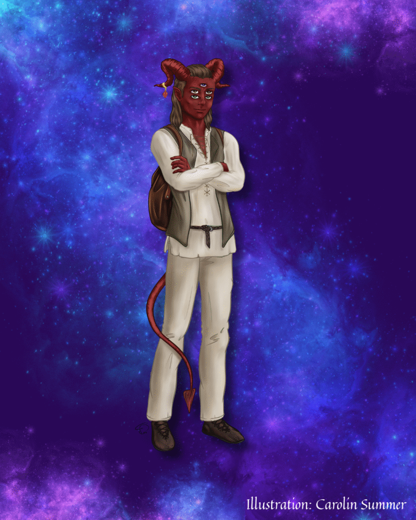 Illustration des Fluchlings Salrius, eines Wesens mit roter Haut, roten Hörnern und einem roten schlanken Schwanz sowie 5 Augen, gekleidet in braune