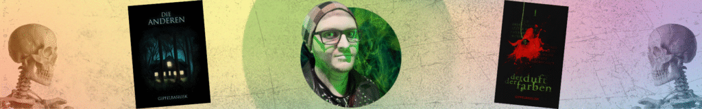 Zwei Buchcover von Horror Kurzgeschichten, ein Foto von Gipfelbasilisk mit Skelett Schminke. Zwei Skelette. Insgesamt ein Haloweeniger Hintergrund mit Queeren Farben