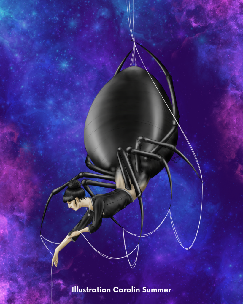 Ein Mischwesen aus Humanoid und Spinne lässt sich an einem Faden von oben herab, vor eine lila Galaxyhintergrund