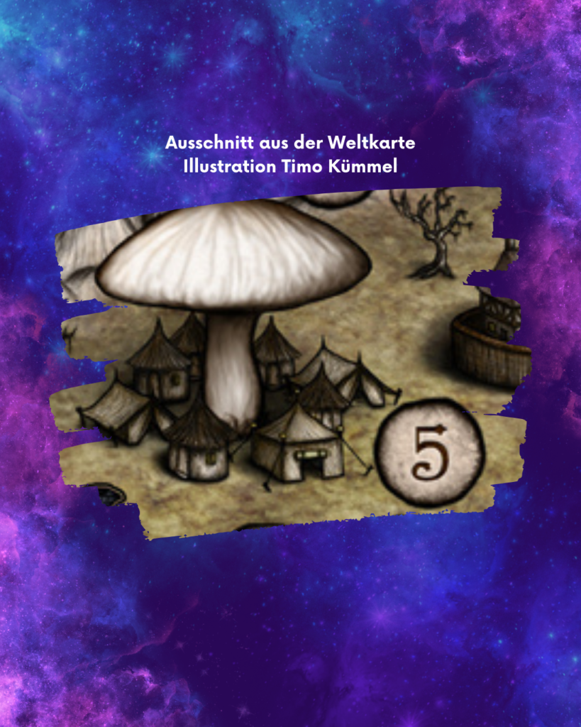 Ausschnitt aus einer illustrierten Weltkarte, der einen großen Pilz mit kleinen Behausungen darunter zeigt, vor einem lila Galaxyhintergrund