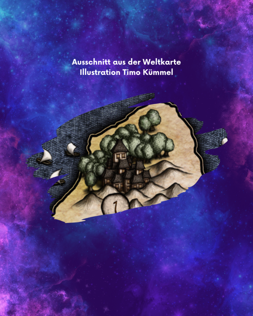 Ausschnitt einer illustrierten Weltkarte, eine Stadt in der Wüste ist zu sehen, vor einem lila Galaxyhintergrund