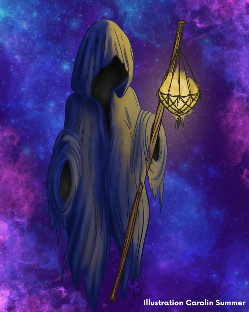 Illustration eines mystischen Wesens in einem langen Umhang, das eine leuchtende Laterne an einem Stab hält, vor einem Lila Galaxyhintergrund
