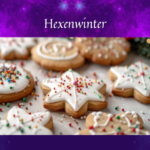 Die Überschrift "Hexenwinter" über einem Bild mit hübsch verzierten Plätzchen, vor einem lila Galaxyhintergrund