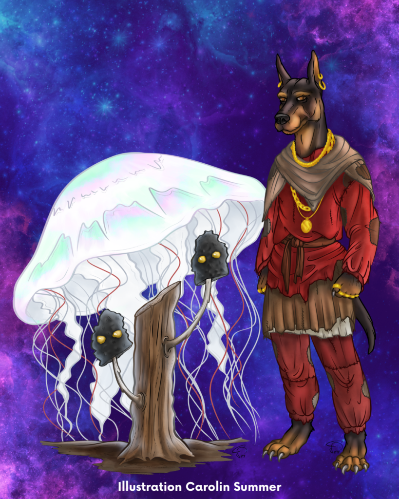 Illustration eines Pilzwesens mit großer weißer Kappe, die an eine Qualle erinnert, daneben ein Tierwesen aus Humanoid und Hund. vor einem lila Galaxyhintergrund