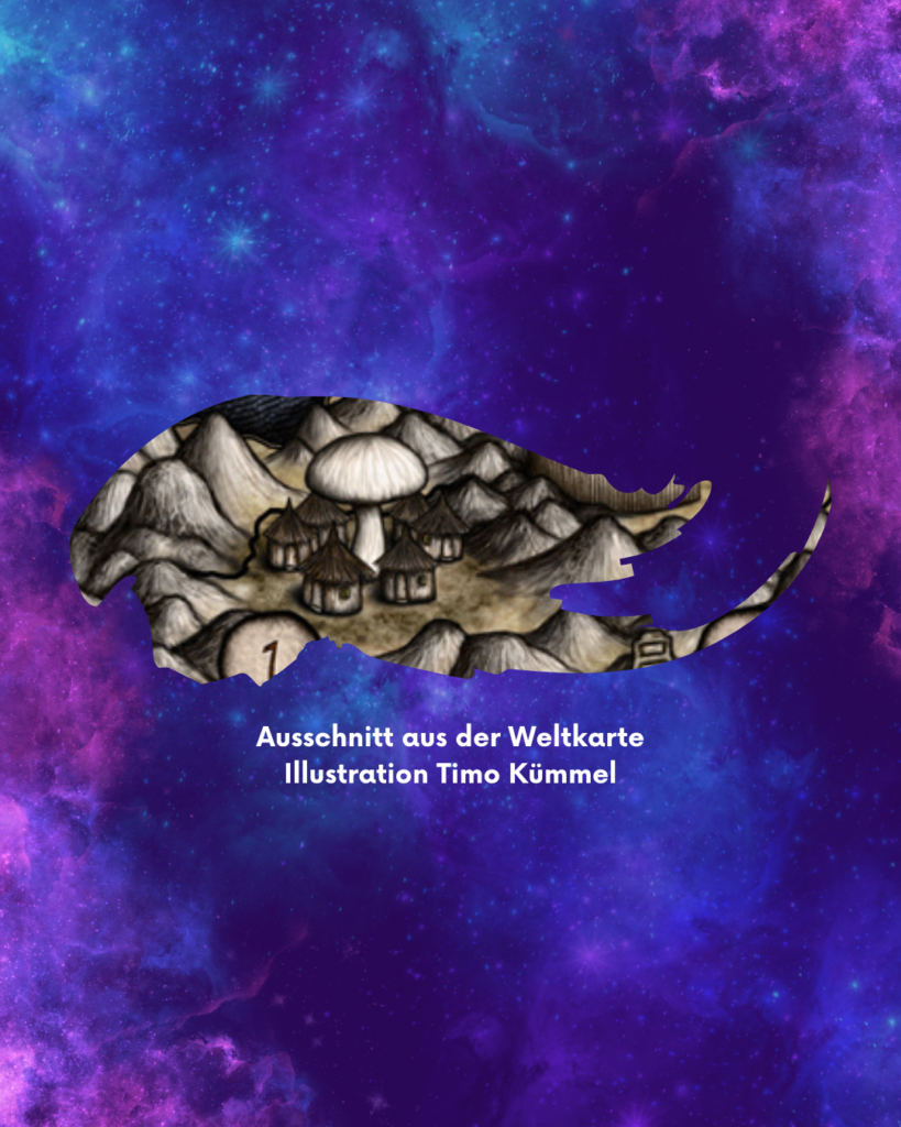 Ausschnitt einer illustrierten Weltkarte, der ein kleines Dorf rund um einen großen Pilz zeigt, vor einem lila Galaxyhintergrund