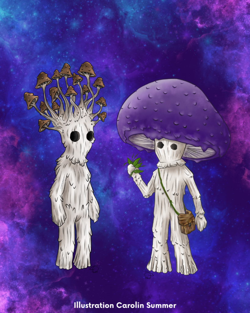 Illustrationen von zwei Pilzwesen, einem mit einer lila Kappe, einem mit mehreren kleinen Pilzauswüchsen auf dem Kopf, beide vor einem lila Galaxyhintergrund
