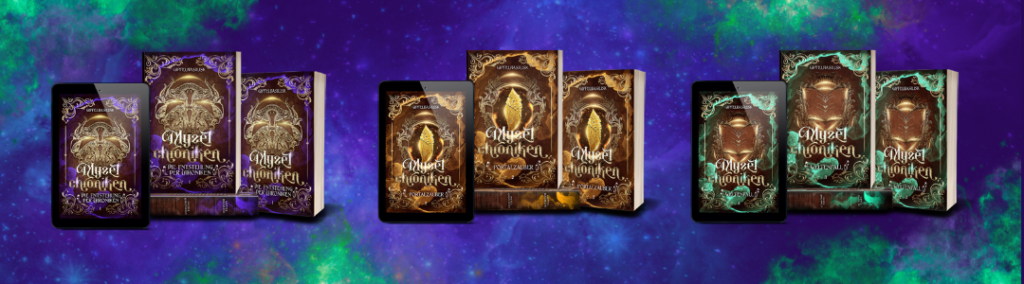 Covermockups der drei Bände der Myzelchroniken auf Sternenhintergrund in Lila, Blau und Grün