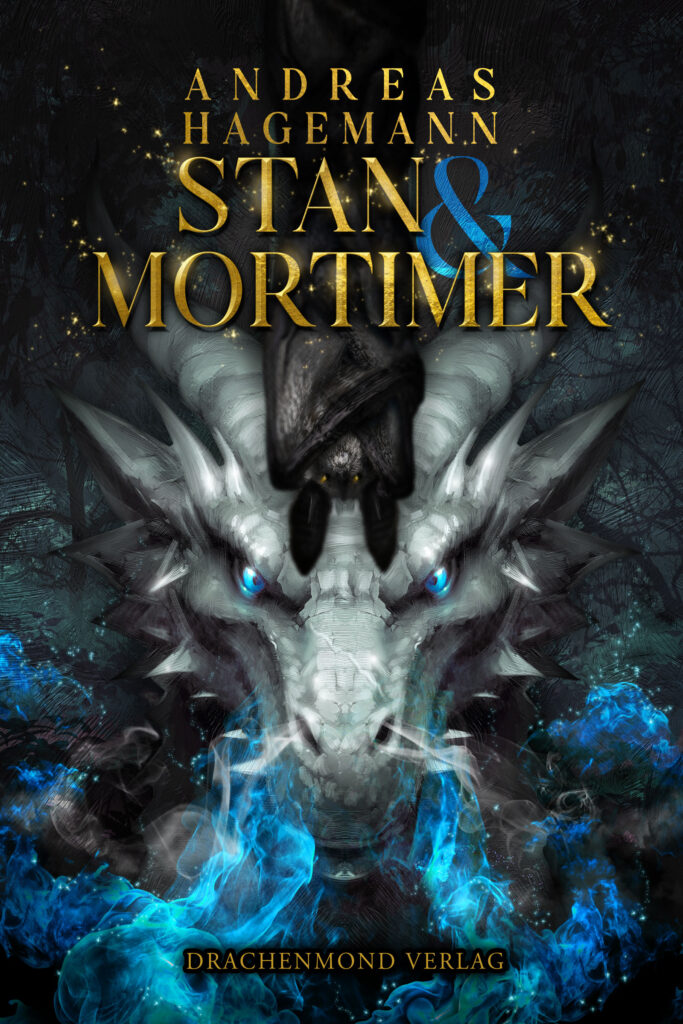 Das E-Book-Cover von Andreas Hagemanns Roman "Stan und Mortimer", welches einen großen Drachkopf und eine von oben herab hängende Fledermaus zeigt