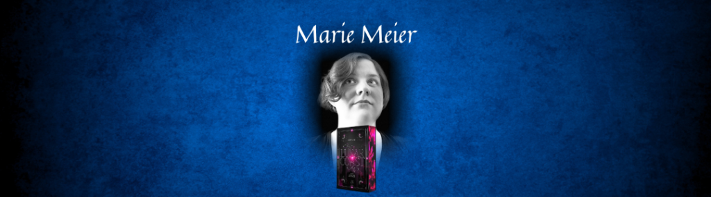 Text "Marie Meier" über Autorinnern-Portrait in schwarz-weiß, darunter das Cover des Romans "Lunarcoast", vor blauem Hintergrund