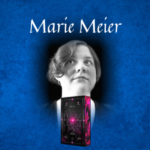 Text "Marie Meier" über Autorinnern-Portrait in schwarz-weiß, darunter das Cover des Romans "Lunarcoast", vor blauem Hintergrund