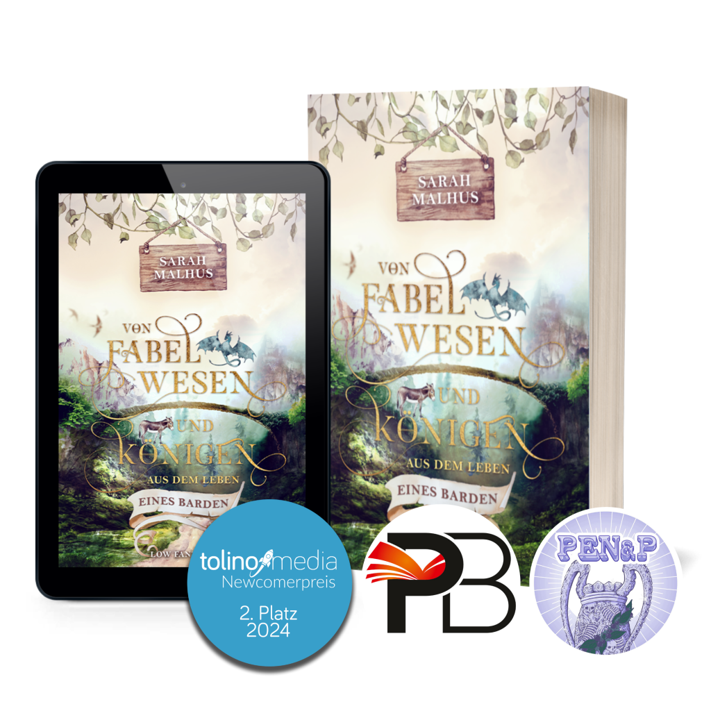 Mockup vom E-Book und der Paperback Auflage von: Von Fabelwesen und Königen – Aus dem Leben eines Barden mit Logos der drei Preise