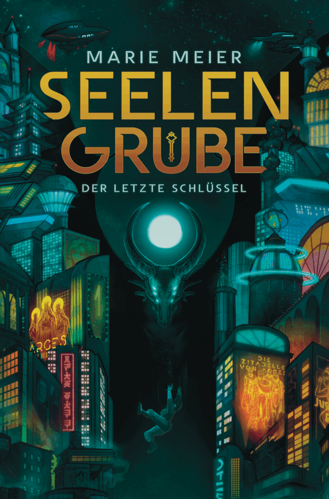 Cover vom Buch Seelengrube von Marie Meier - Monster das dunkel eine futuristische Stadt überragt.